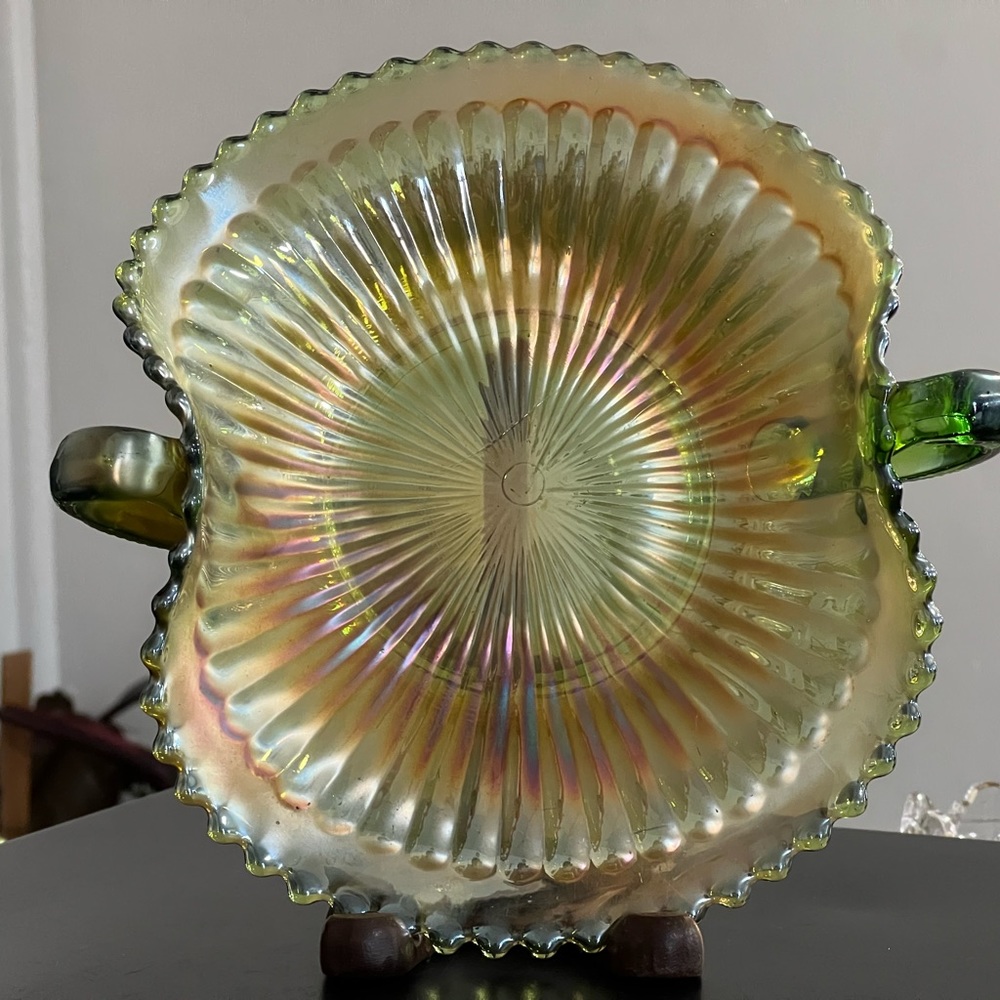 Vintage Northwood   Carnival Glass Bowl Green Bon bon  Dish with 2 Handled